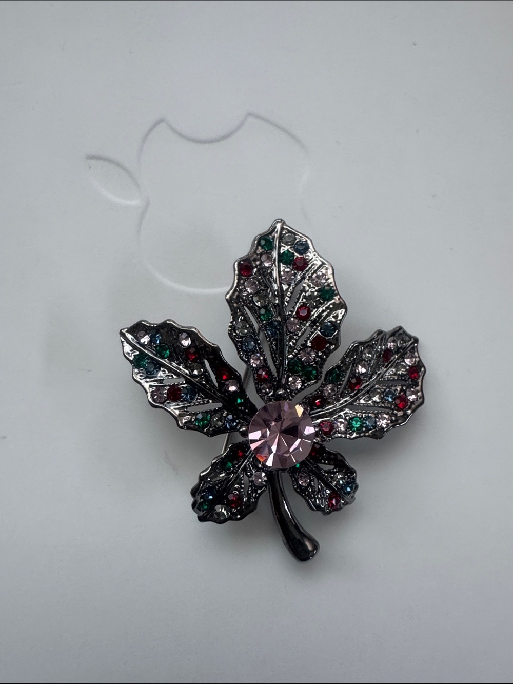 New Sparkling Pink Center Leaf Brooch with Multicolor Crystal Accents